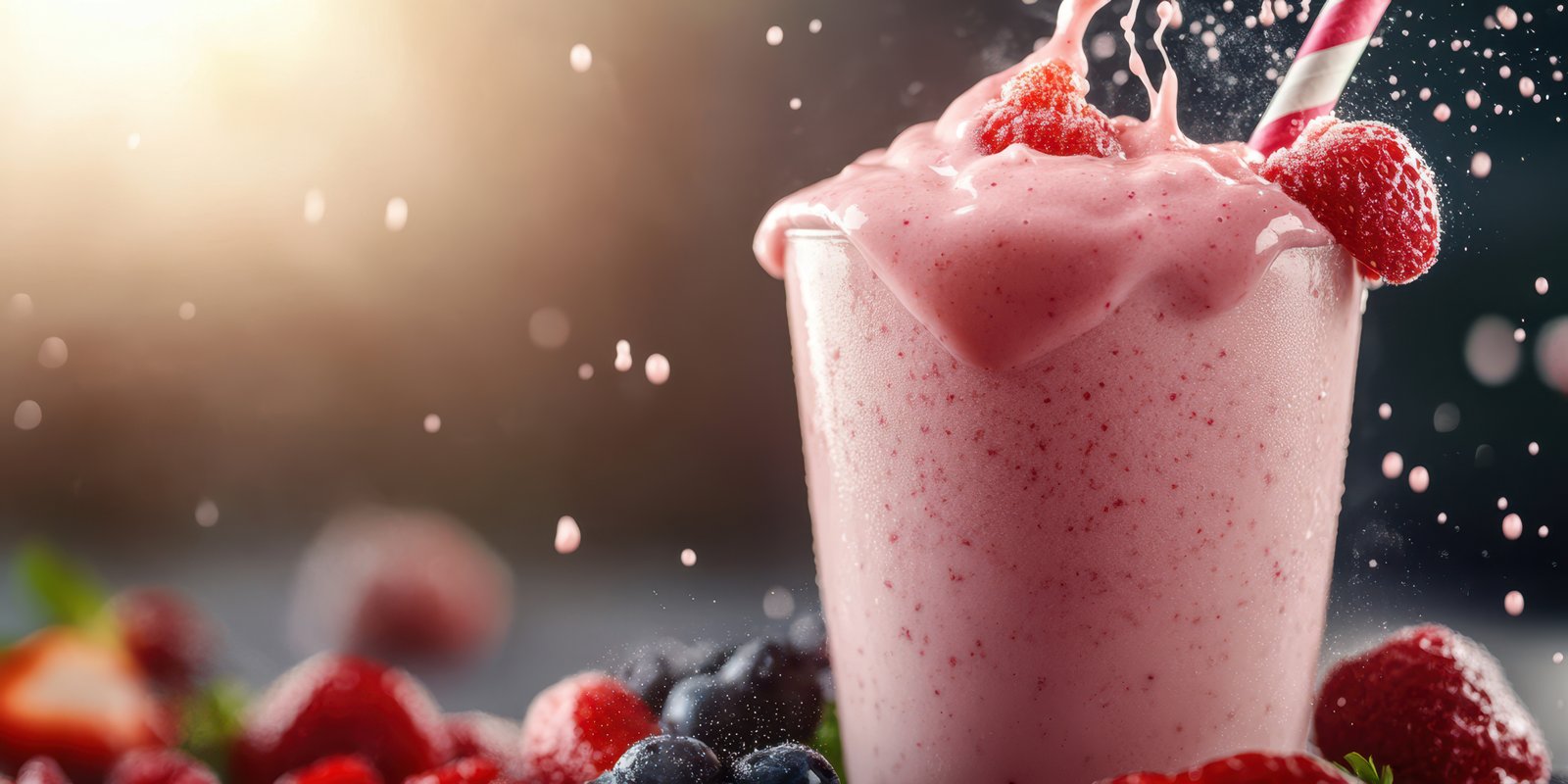 Refreshing raspberry smoothie splashes in a glass surrounded by fresh berries on a sunny morning